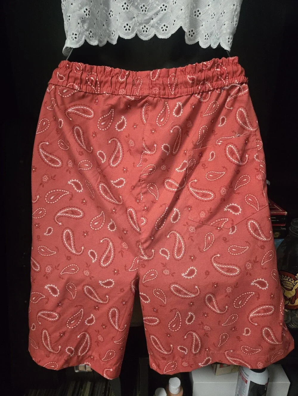 CONSEQUENCE Red Paisley Bandana Print Swim Trunks | Board Shorts, Size M